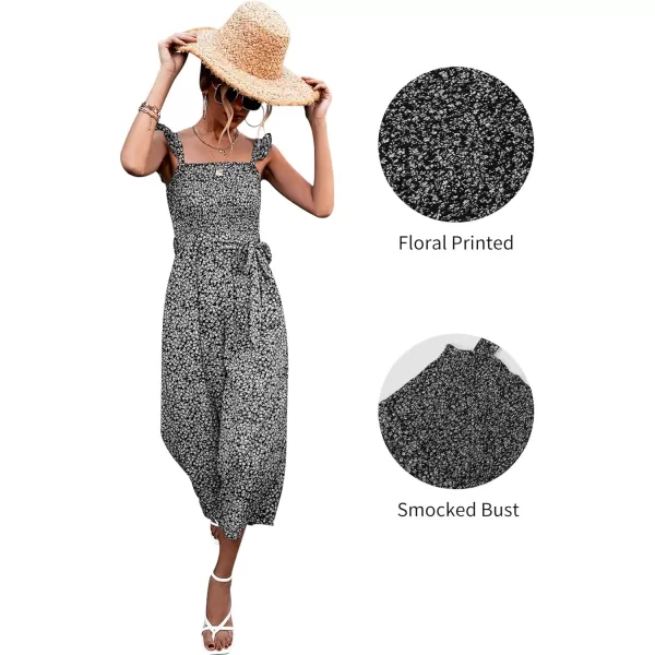 Gihuo Women’s Floral Wide Leg Jumpsuits Ruffle Sleeveless Smock Long Rompers with Pockets