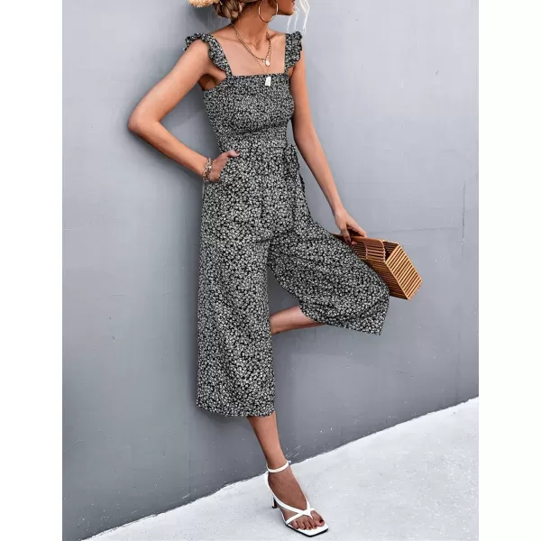 Gihuo Women’s Floral Wide Leg Jumpsuits Ruffle Sleeveless Smock Long Rompers with Pockets