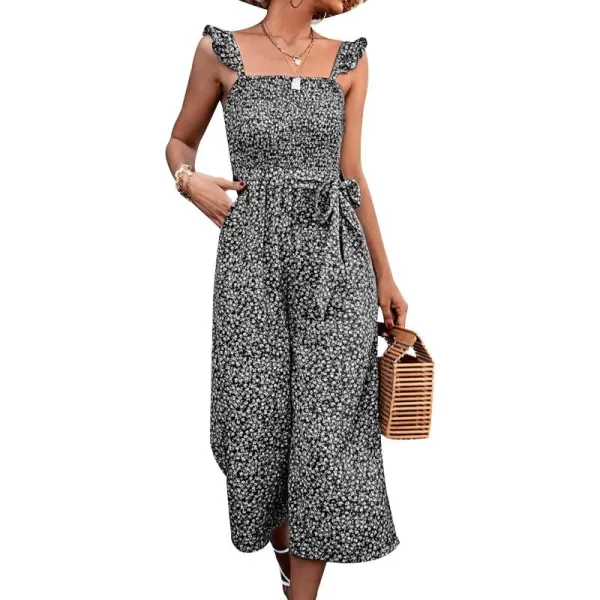 Gihuo Women’s Floral Wide Leg Jumpsuits Ruffle Sleeveless Smock Long Rompers with Pockets