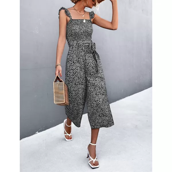 Gihuo Women’s Floral Wide Leg Jumpsuits Ruffle Sleeveless Smock Long Rompers with Pockets