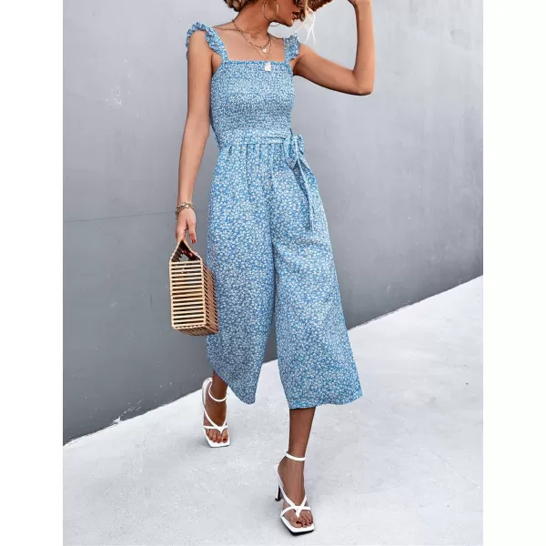 Gihuo Women’s Floral Wide Leg Jumpsuits Ruffle Sleeveless Smock Long Rompers with Pockets