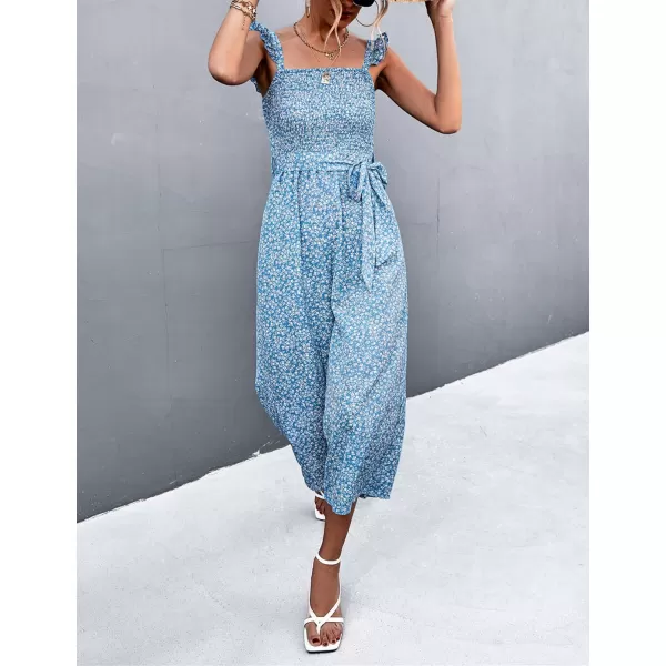 Gihuo Women’s Floral Wide Leg Jumpsuits Ruffle Sleeveless Smock Long Rompers with Pockets