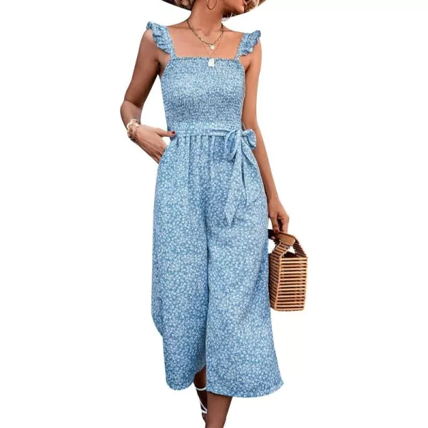 Gihuo Women’s Floral Wide Leg Jumpsuits Ruffle Sleeveless Smock Long Rompers with Pockets