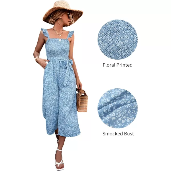 Gihuo Women’s Floral Wide Leg Jumpsuits Ruffle Sleeveless Smock Long Rompers with Pockets
