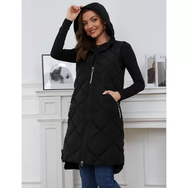 Gihuo Womens Long Hooded Puffer Vest Sleeveless Winter Bubble Jackets Zip Up Warm Coat Outerwear with Pockets