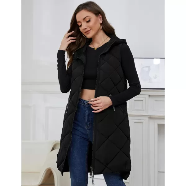 Gihuo Womens Long Hooded Puffer Vest Sleeveless Winter Bubble Jackets Zip Up Warm Coat Outerwear with Pockets