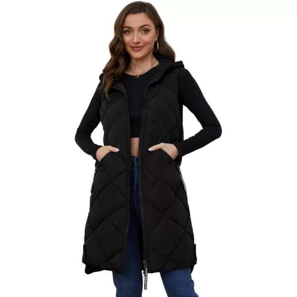 Gihuo Womens Long Hooded Puffer Vest Sleeveless Winter Bubble Jackets Zip Up Warm Coat Outerwear with Pockets