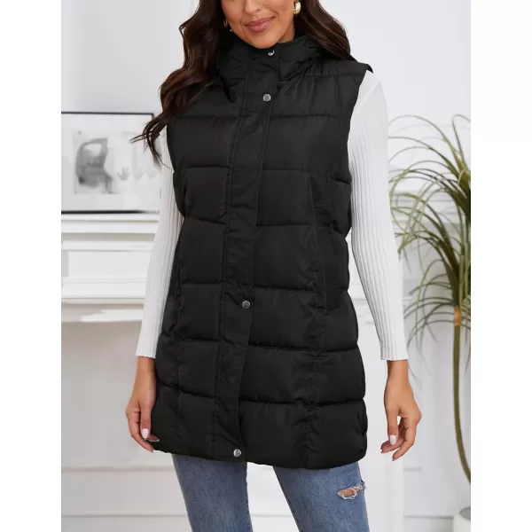 Gihuo Women's Long Puffer Vest Winter Quilted Hooded Sleeveless Zip Up Long Jacket Vest Gilet