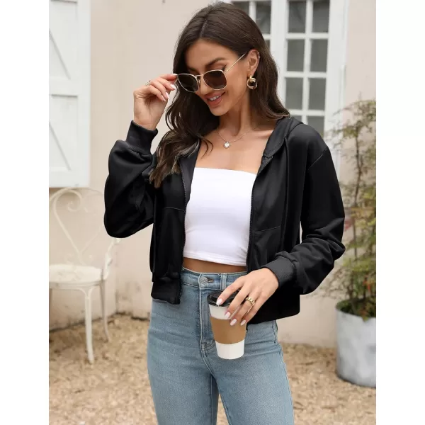 Gihuo Women's Long Sleeve Drawstring Crop Tops Y2K Zip Up Hoodies Athletic Workout Sweatshirts