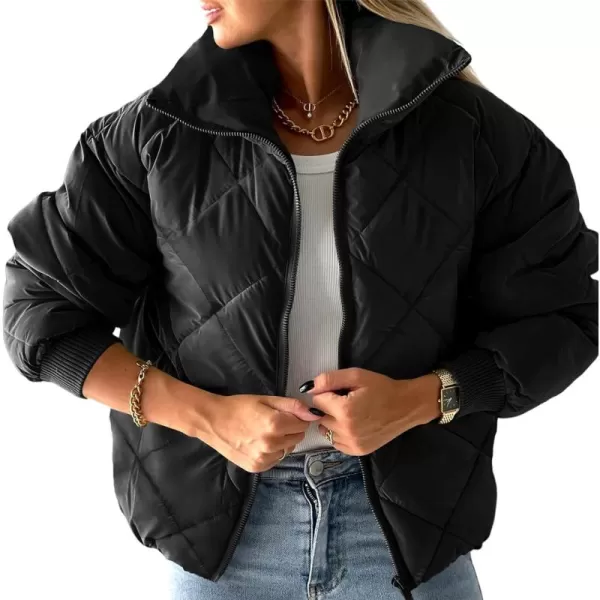 Gihuo Women's Long Sleeve Zip Up Puffer Jacket Winter Warm Cropped Jackets Oversized Padded Quilted Coat Outerwear