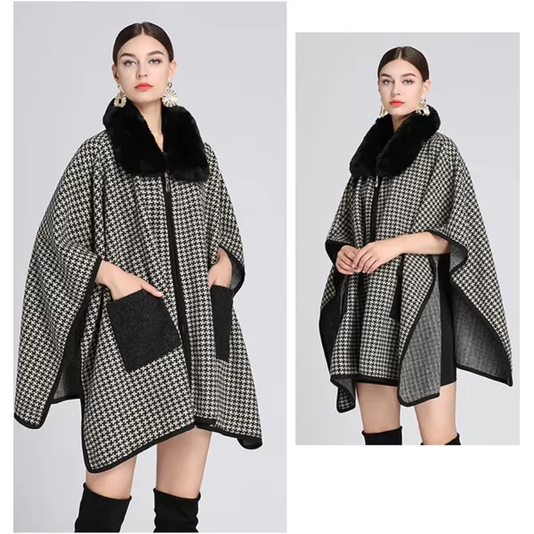 Gihuo Women's Luxury Batwing Sleeve Faux Fur Hooded Cloak Poncho Sweater Cape
