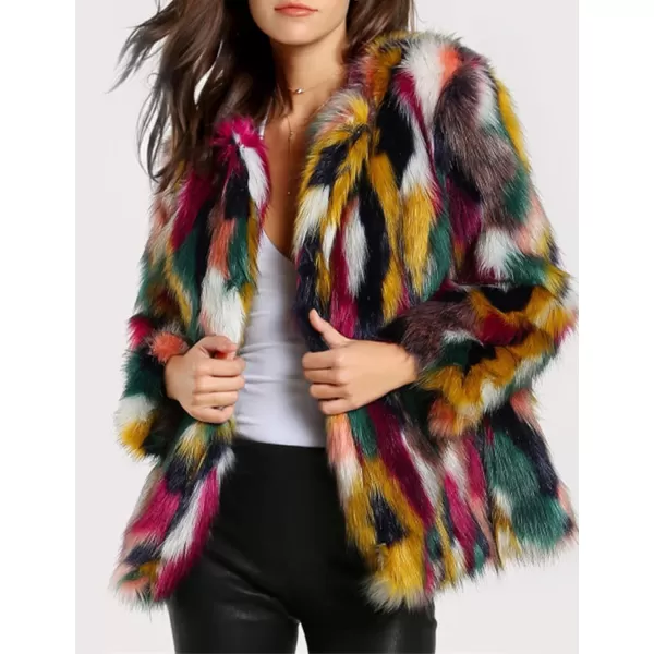 Gihuo Women’s Multicolor Faux Fur Coat Winter Warm Gradient Color Outwear Jacket