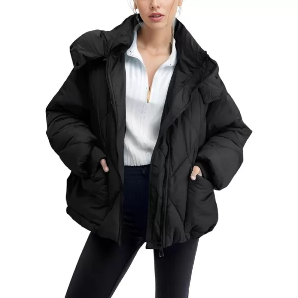 Gihuo Women's Oversized Puffer Jacket Long Sleeve Hooded Down Jacket Winter Short Zip Up Quilted Coat