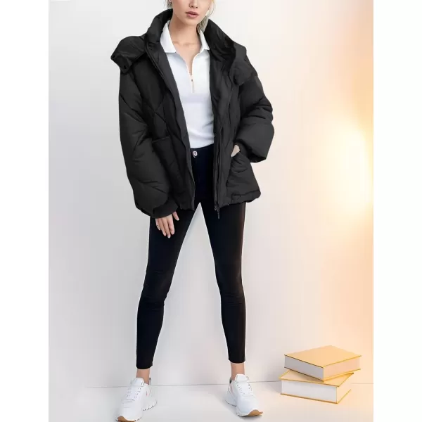 Gihuo Women's Oversized Puffer Jacket Long Sleeve Hooded Down Jacket Winter Short Zip Up Quilted Coat