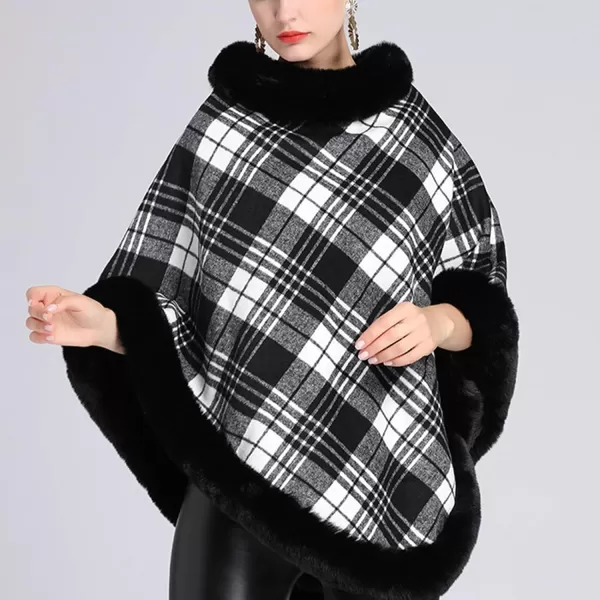 Gihuo Womens Plaid Poncho Cape Winter Warm Coat Faux Fur Trim Shawl Cloak Elegant Pullover Shawls Cape Layers