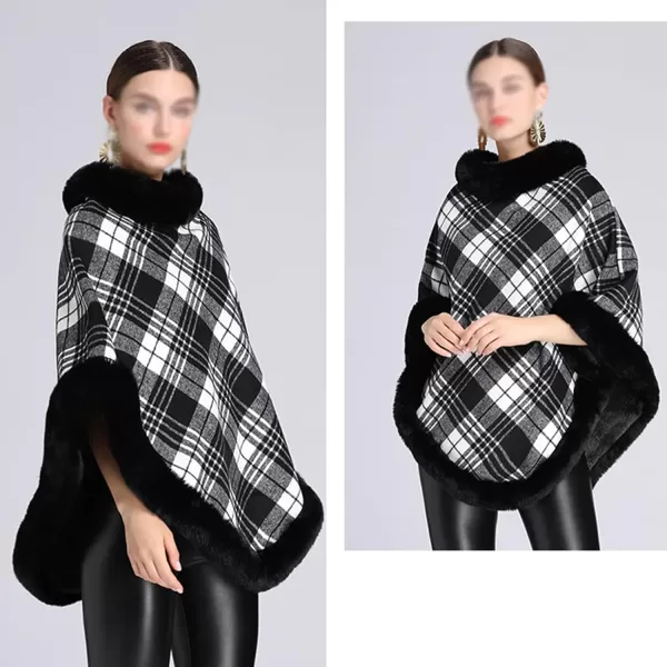 Gihuo Womens Plaid Poncho Cape Winter Warm Coat Faux Fur Trim Shawl Cloak Elegant Pullover Shawls Cape Layers