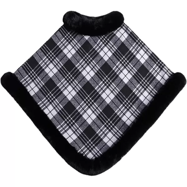 Gihuo Womens Plaid Poncho Cape Winter Warm Coat Faux Fur Trim Shawl Cloak Elegant Pullover Shawls Cape Layers