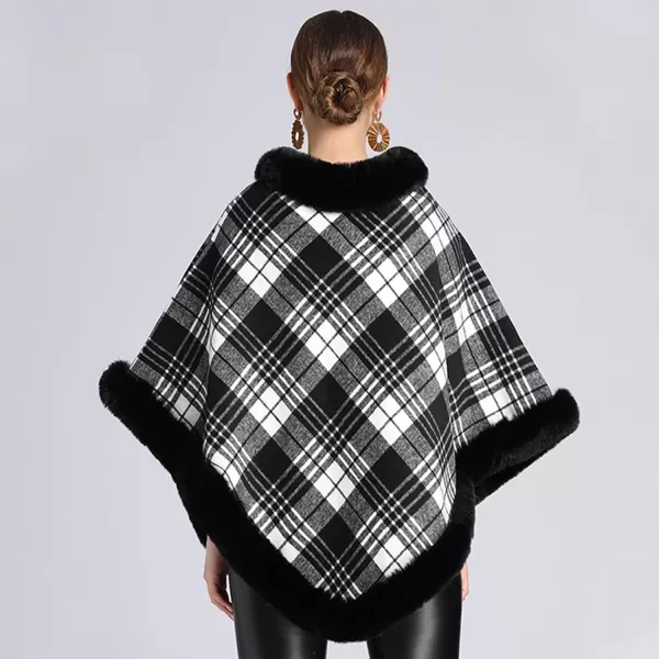 Gihuo Womens Plaid Poncho Cape Winter Warm Coat Faux Fur Trim Shawl Cloak Elegant Pullover Shawls Cape Layers