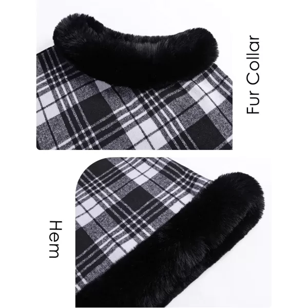 Gihuo Womens Plaid Poncho Cape Winter Warm Coat Faux Fur Trim Shawl Cloak Elegant Pullover Shawls Cape Layers