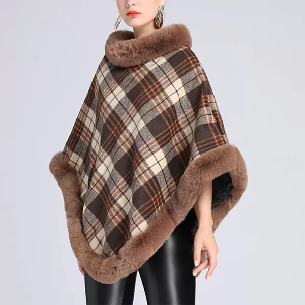 Gihuo Womens Plaid Poncho Cape Winter Warm Coat Faux Fur Trim Shawl Cloak Elegant Pullover Shawls Cape Layers