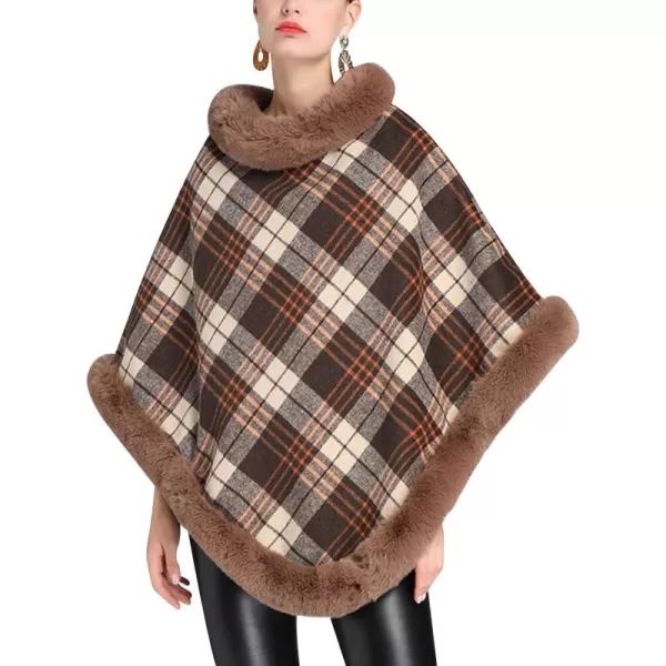 Gihuo Womens Plaid Poncho Cape Winter Warm Coat Faux Fur Trim Shawl Cloak Elegant Pullover Shawls Cape Layers