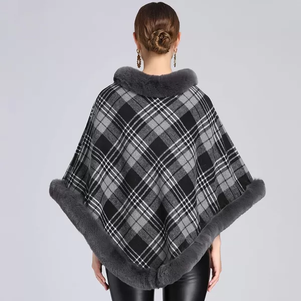 Gihuo Womens Plaid Poncho Cape Winter Warm Coat Faux Fur Trim Shawl Cloak Elegant Pullover Shawls Cape Layers