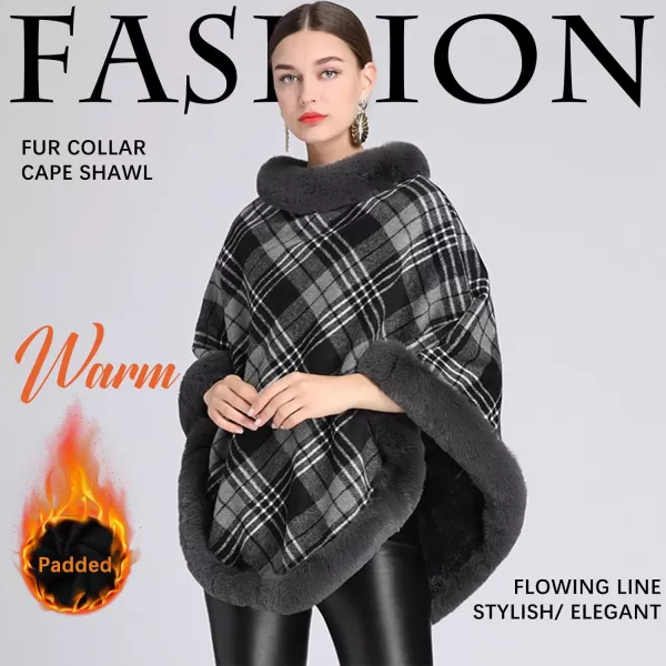 Gihuo Womens Plaid Poncho Cape Winter Warm Coat Faux Fur Trim Shawl Cloak Elegant Pullover Shawls Cape Layers