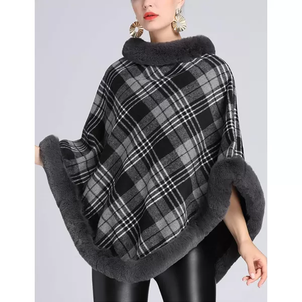 Gihuo Womens Plaid Poncho Cape Winter Warm Coat Faux Fur Trim Shawl Cloak Elegant Pullover Shawls Cape Layers
