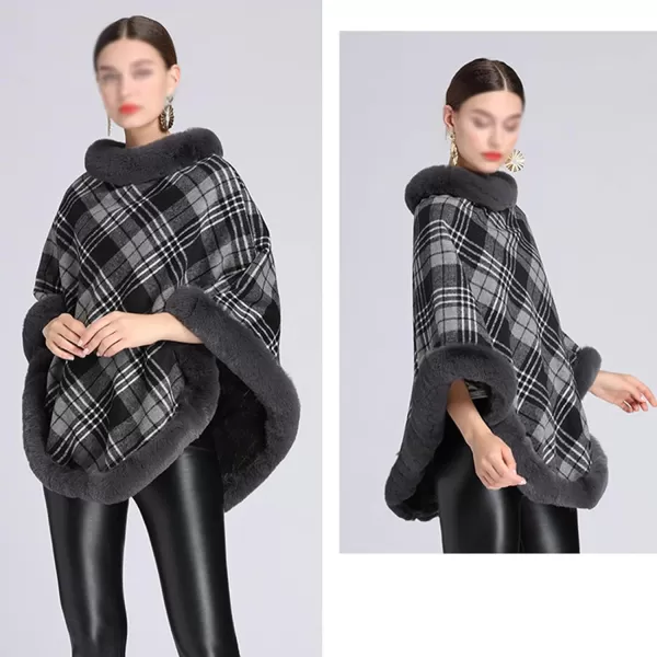 Gihuo Womens Plaid Poncho Cape Winter Warm Coat Faux Fur Trim Shawl Cloak Elegant Pullover Shawls Cape Layers