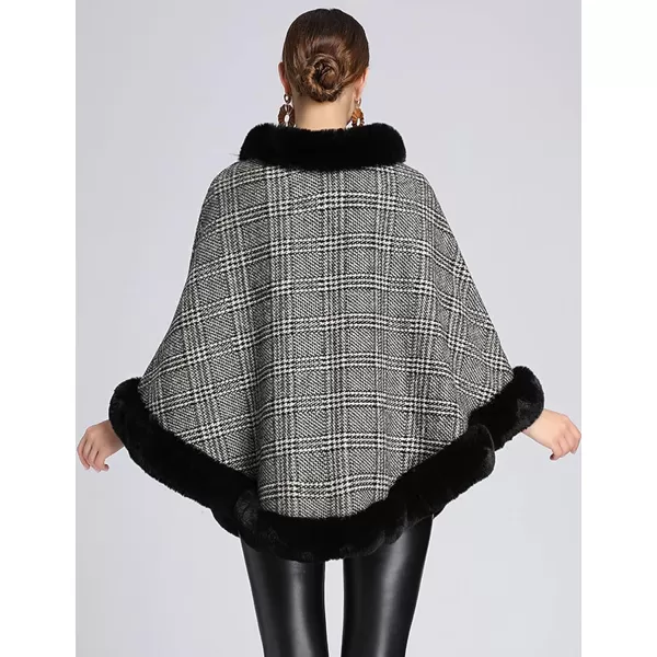 Gihuo Womens Plaid Poncho Cape Winter Warm Coat Faux Fur Trim Shawl Cloak Elegant Pullover Shawls Cape Layers
