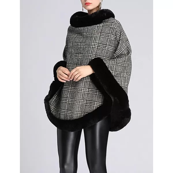 Gihuo Womens Plaid Poncho Cape Winter Warm Coat Faux Fur Trim Shawl Cloak Elegant Pullover Shawls Cape Layers