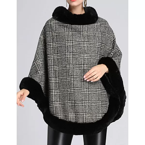 Gihuo Womens Plaid Poncho Cape Winter Warm Coat Faux Fur Trim Shawl Cloak Elegant Pullover Shawls Cape Layers