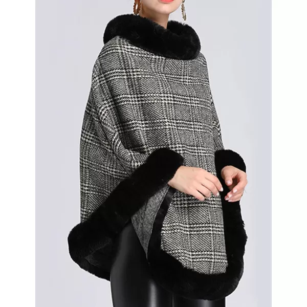 Gihuo Womens Plaid Poncho Cape Winter Warm Coat Faux Fur Trim Shawl Cloak Elegant Pullover Shawls Cape Layers