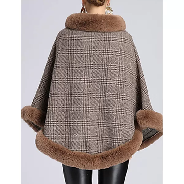 Gihuo Womens Plaid Poncho Cape Winter Warm Coat Faux Fur Trim Shawl Cloak Elegant Pullover Shawls Cape Layers