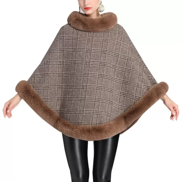 Gihuo Womens Plaid Poncho Cape Winter Warm Coat Faux Fur Trim Shawl Cloak Elegant Pullover Shawls Cape Layers