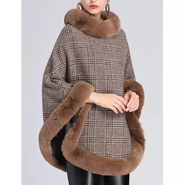 Gihuo Womens Plaid Poncho Cape Winter Warm Coat Faux Fur Trim Shawl Cloak Elegant Pullover Shawls Cape Layers
