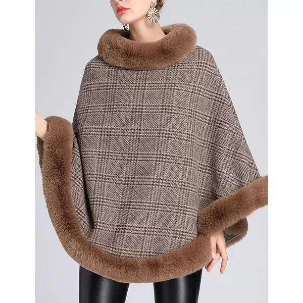 Gihuo Womens Plaid Poncho Cape Winter Warm Coat Faux Fur Trim Shawl Cloak Elegant Pullover Shawls Cape Layers