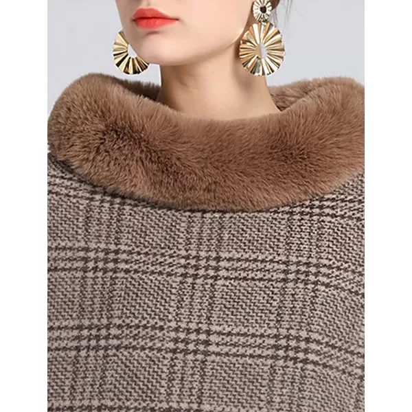 Gihuo Womens Plaid Poncho Cape Winter Warm Coat Faux Fur Trim Shawl Cloak Elegant Pullover Shawls Cape Layers