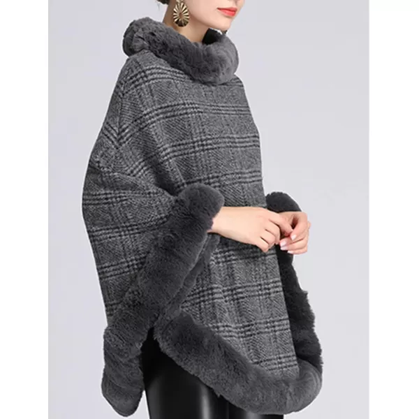 Gihuo Womens Plaid Poncho Cape Winter Warm Coat Faux Fur Trim Shawl Cloak Elegant Pullover Shawls Cape Layers