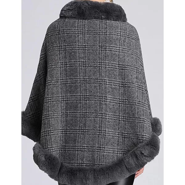 Gihuo Womens Plaid Poncho Cape Winter Warm Coat Faux Fur Trim Shawl Cloak Elegant Pullover Shawls Cape Layers