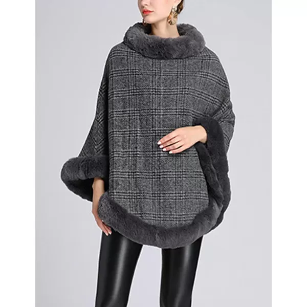 Gihuo Womens Plaid Poncho Cape Winter Warm Coat Faux Fur Trim Shawl Cloak Elegant Pullover Shawls Cape Layers