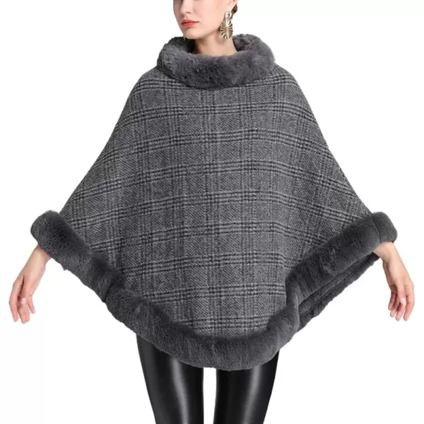 Gihuo Womens Plaid Poncho Cape Winter Warm Coat Faux Fur Trim Shawl Cloak Elegant Pullover Shawls Cape Layers