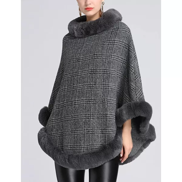 Gihuo Womens Plaid Poncho Cape Winter Warm Coat Faux Fur Trim Shawl Cloak Elegant Pullover Shawls Cape Layers