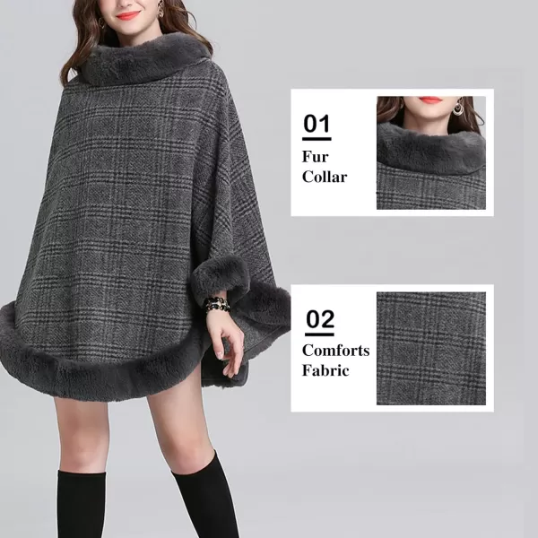 Gihuo Womens Plaid Poncho Cape Winter Warm Coat Faux Fur Trim Shawl Cloak Elegant Pullover Shawls Cape Layers