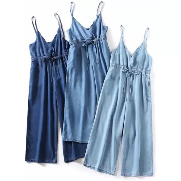 Gihuo Womens Surplice Cropped Wide Leg Jumpsuit Sleeveless Drawstring Waist Romper Overalls