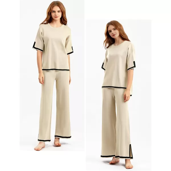 Gihuo Women's Sweater Sets 2 Piece Outfits Knit Lounge Sets Short Sleeve Pullover Tops Wide Leg Pants