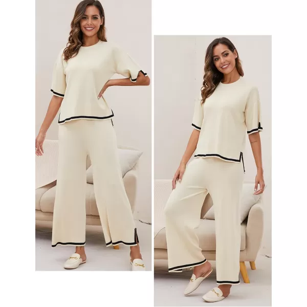 Gihuo Women's Sweater Sets 2 Piece Outfits Knit Lounge Sets Short Sleeve Pullover Tops Wide Leg Pants