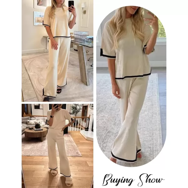 Gihuo Women's Sweater Sets 2 Piece Outfits Knit Lounge Sets Short Sleeve Pullover Tops Wide Leg Pants