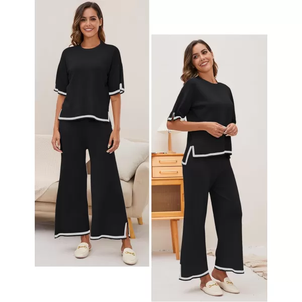 Gihuo Women's Sweater Sets 2 Piece Outfits Knit Lounge Sets Short Sleeve Pullover Tops Wide Leg Pants