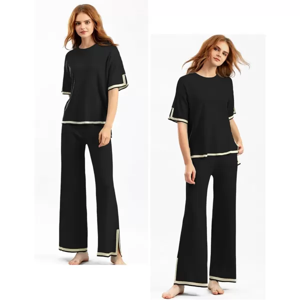 Gihuo Women's Sweater Sets 2 Piece Outfits Knit Lounge Sets Short Sleeve Pullover Tops Wide Leg Pants